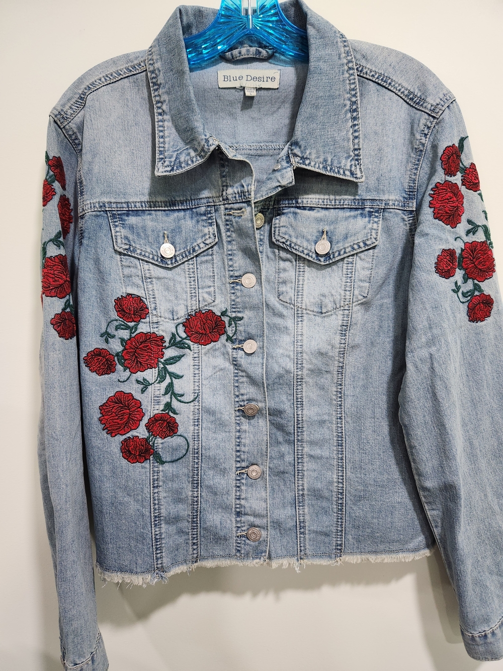 Blue Desire Women's Light Wash Denim Jacket with Red Floral Embroidery
